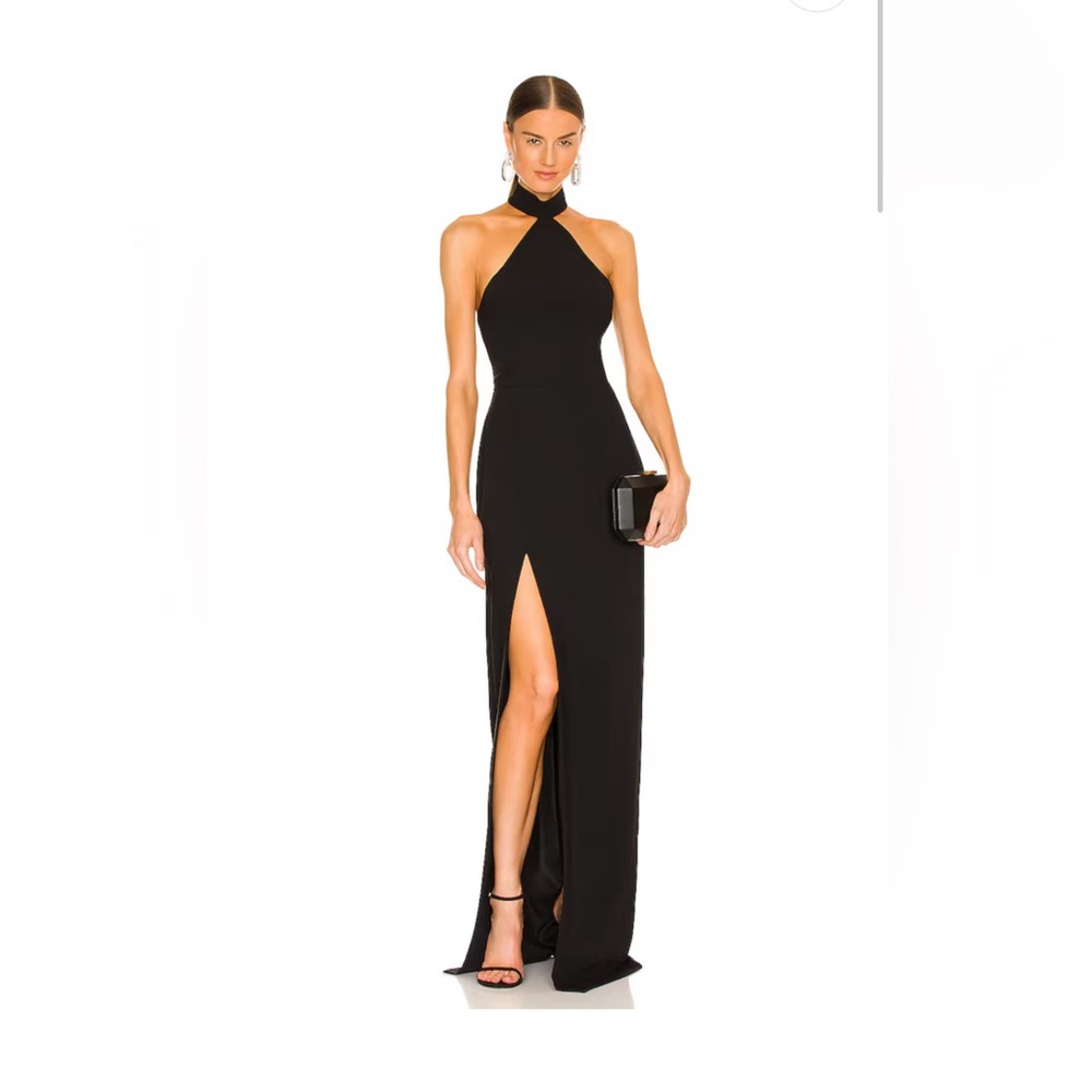 Amanda Uprichard Black Halter Maxi Dress with Front Slit